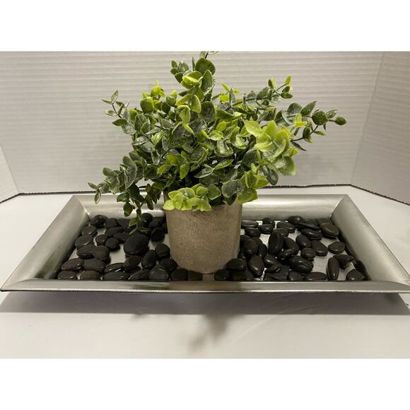 Artificial Plant with Stone Style Planter on Silver Tray with Black River Rocks - Picture 7 of 10